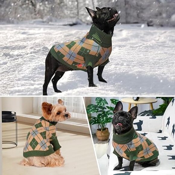 Dog Sweater Argyle Diamond Plaid Turtleneck Green Blue Tan Small Dogs 13 x 8 in - Picture 8 of 13